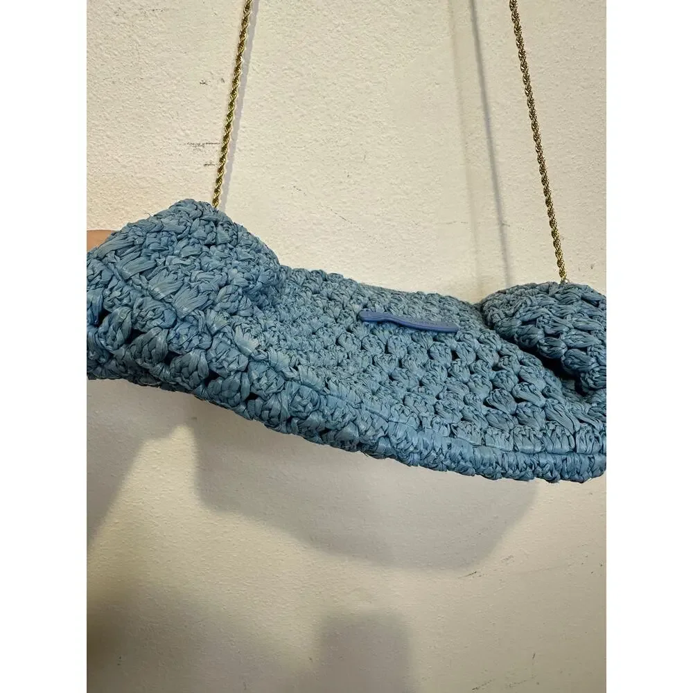 LOEFFLER RANDALL Light Blue Crochet Trudie Frame Gold Chain Clutch Purse Bag